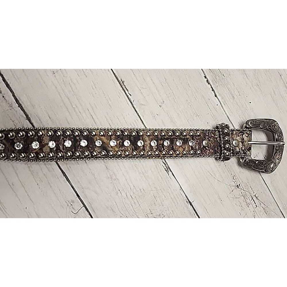 VTG Y2K Leather Buckle Belt NOCONA Animal Print 24 S Western RHINESTONE Studded - Picture 11 of 12